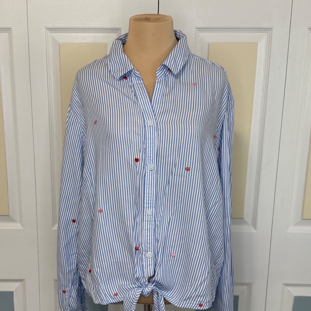 Beachlunchlounge Striped Heart Embroidered Tie Front Shirt XL Blue White LTT6314